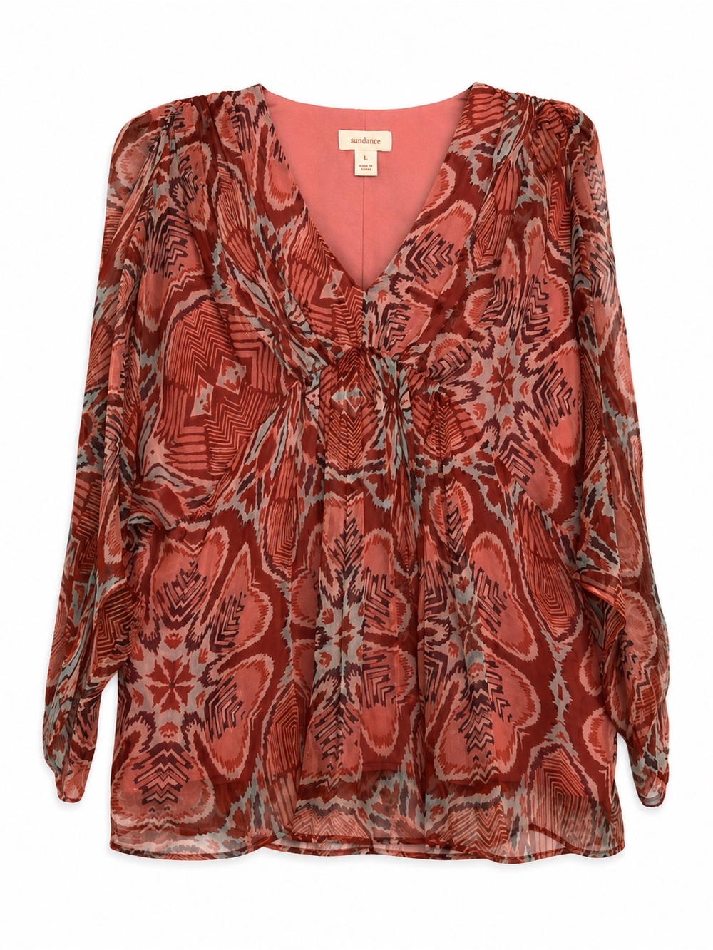 Sundance Silk Boho Blouse Lined Sheer Peasant Top Floral Abstract Size L